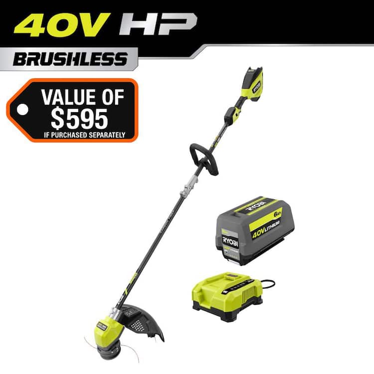 RYOBI 40V HP Brushless Whisper Series 17 in. Cordless Battery Carbon Fiber Shaft String Trimmer w/ 6.0 Ah Battery & Charger