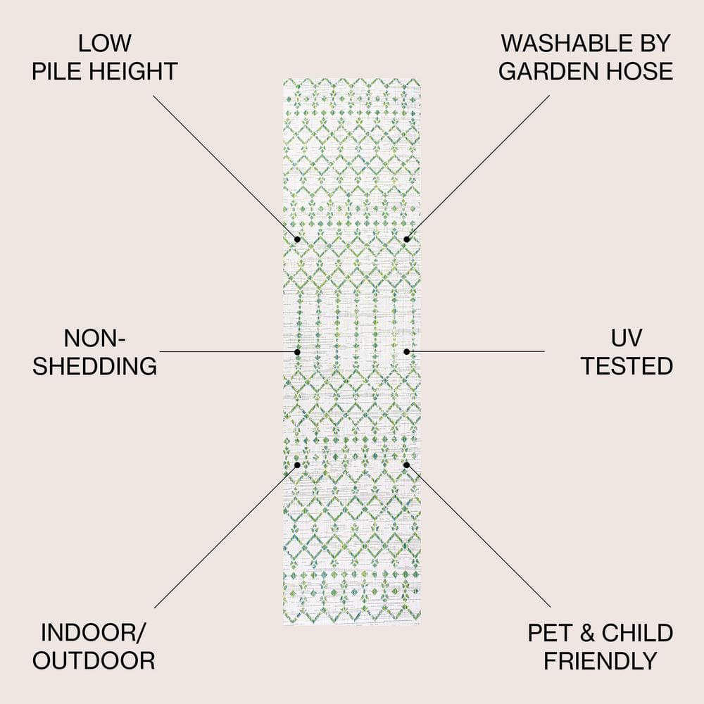 Green and Ivory Geometric Flat Woven Runner Rug