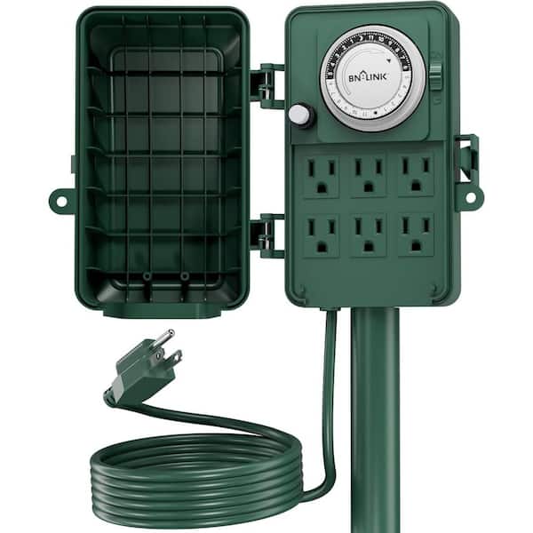 6-Outlet Mechanical Outdoor Timers Garden Power Stake with 6 ft. Cords for Christmas Lights in Black