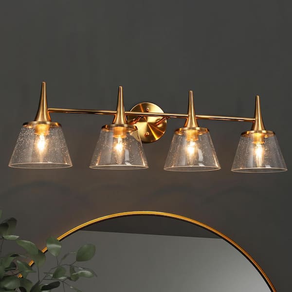 LNC Modern Classic Brass Bell Bathroom Vanity Lighting 29 in. 4-Light Powder Room Wall Sconce with Clear Seedy Glass Shades