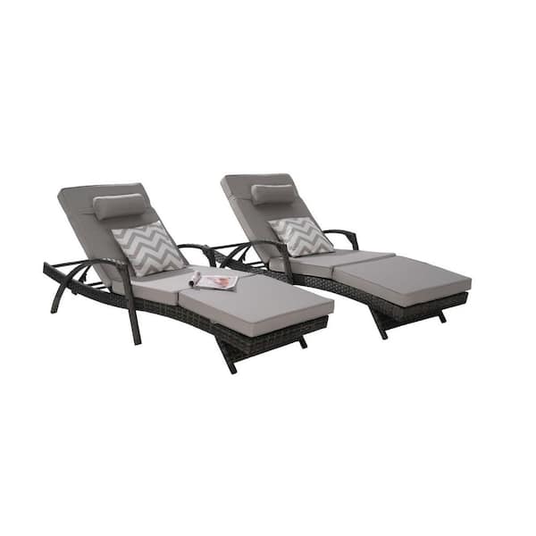 SereneVita Wicker Outdoor Chaise Lounge Reclining Chair with Light Gray Cushions and Adjustable Backrest, Set of 2