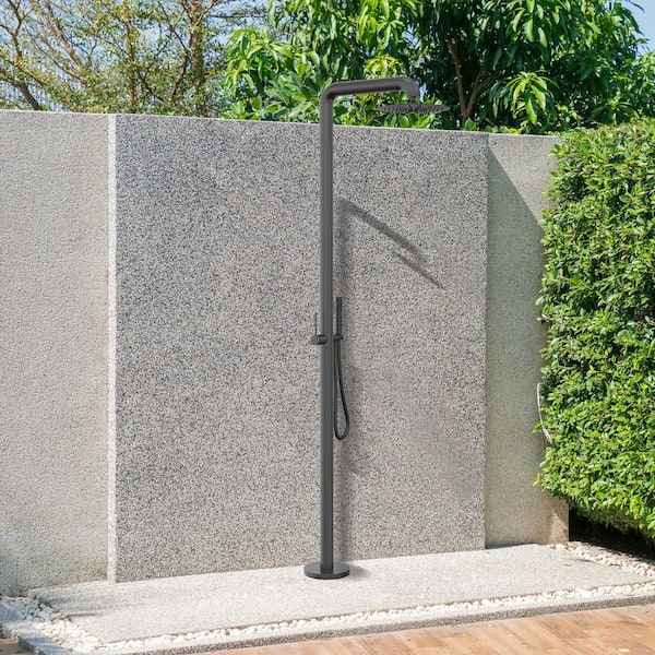 Tomfaucet Outdoor Exposed Single-Handle Freestanding Tub Faucet with Rainfall Shower Head in Matte Black