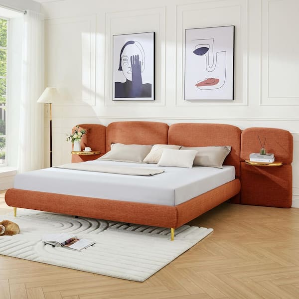 Luna Modern Orange Wood Frame King Size Upholstered Platform Bed with Block-Shaped Headborad, 2 Side Panel Nightstands