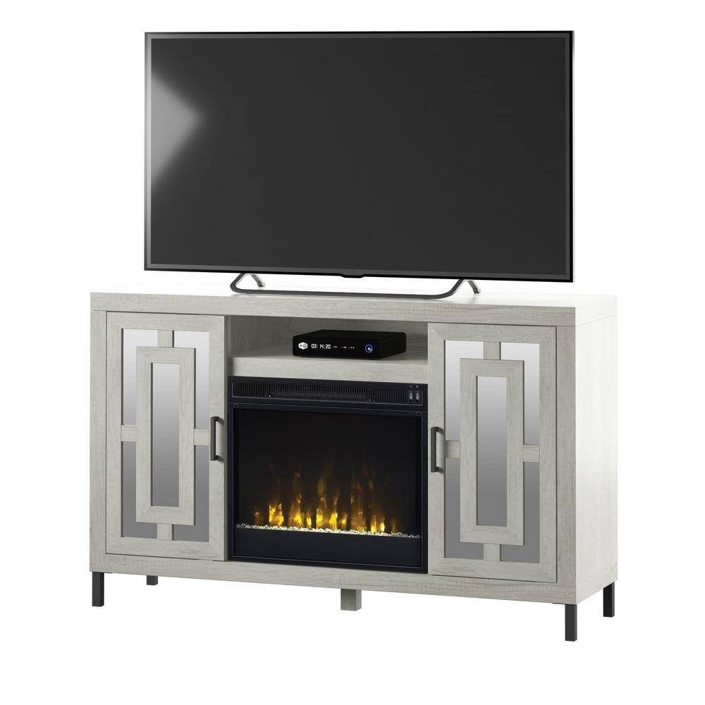 White TV Stand with Electric Fireplace and Mirrored Cabinet Doors