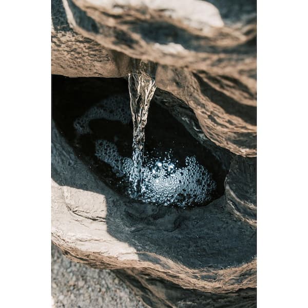 23.6 in. H Polystone/Stone Powder Classic Stacked Rock Waterfall Fountain, LED lights and Pump, Multilevel Water Feature