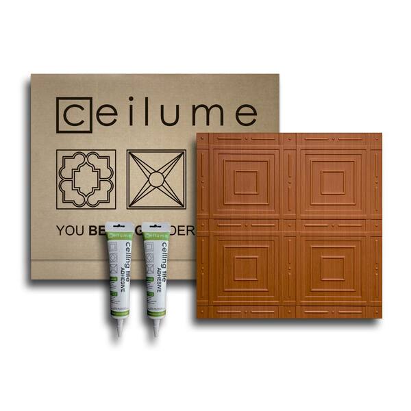 Ceilume Nantucket 2 ft. x 2 ft. Glue Up Vinyl Ceiling Tile and Backsplash Kit in Faux Wood-Caramel (21 sq. ft./case)
