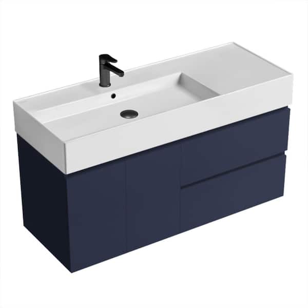 Nameeks Block 47.6 in. W x 18.1 in. D x 25.2 in. H Modern Bathroom Vanity in Night Blue With White Ceramic Top