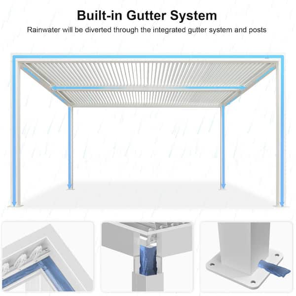 12 ft. x 14 ft. White Aluminum Frame Outdoor Hardtop Louvered Pergola with Adjustable Sunshade Roofs and In-Built Gutter
