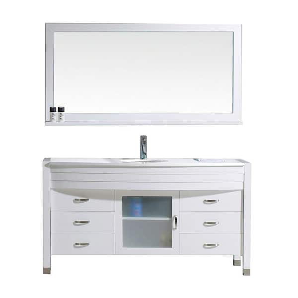 Virtu USA Ava 62 in. W Bath Vanity in White with Stone Vanity Top in White with Round Basin and Mirror