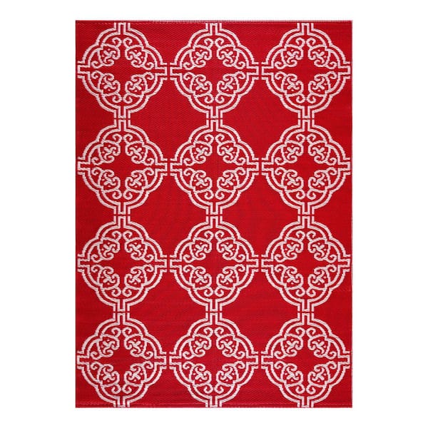 Marrakech Red White 4 ft. x 6 ft. Reversible Recycled Plastic Indoor/Outdoor Area Rug-Floor Mat