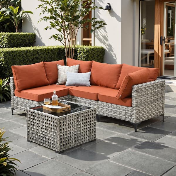 Coralia Gray 5-Piece Wicker Outdoor Sectional Set with Stripe Orange Red Cushion & Lighted Coffee Table for Patio