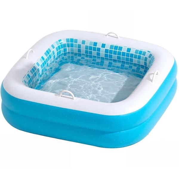 Blue 3-in-1 Inflatable Square Baby Pool,Bathtub & Ball Pit with Safety Grip Handles, Soft Floor & Drain,34in x 10in
