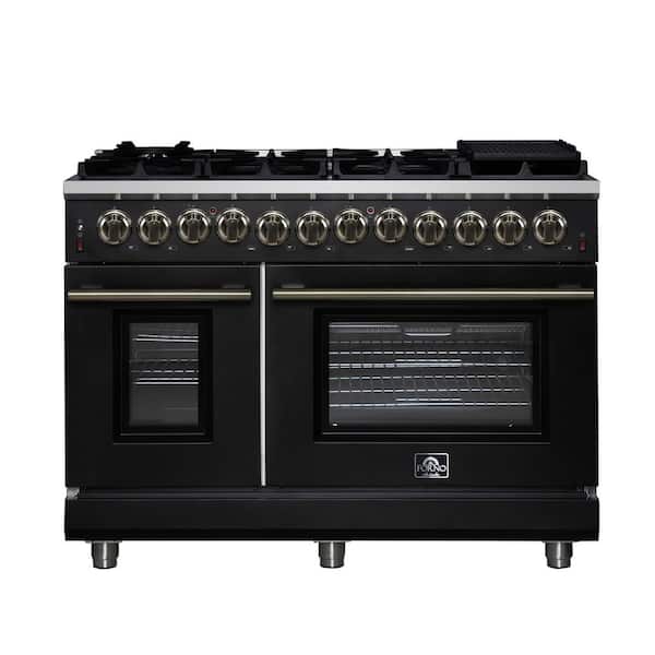 Massimo 48 Inch Freestanding Dual Fuel Range in Black with Antique Brass Accessories, 6.58 cu. ft. Convection Oven