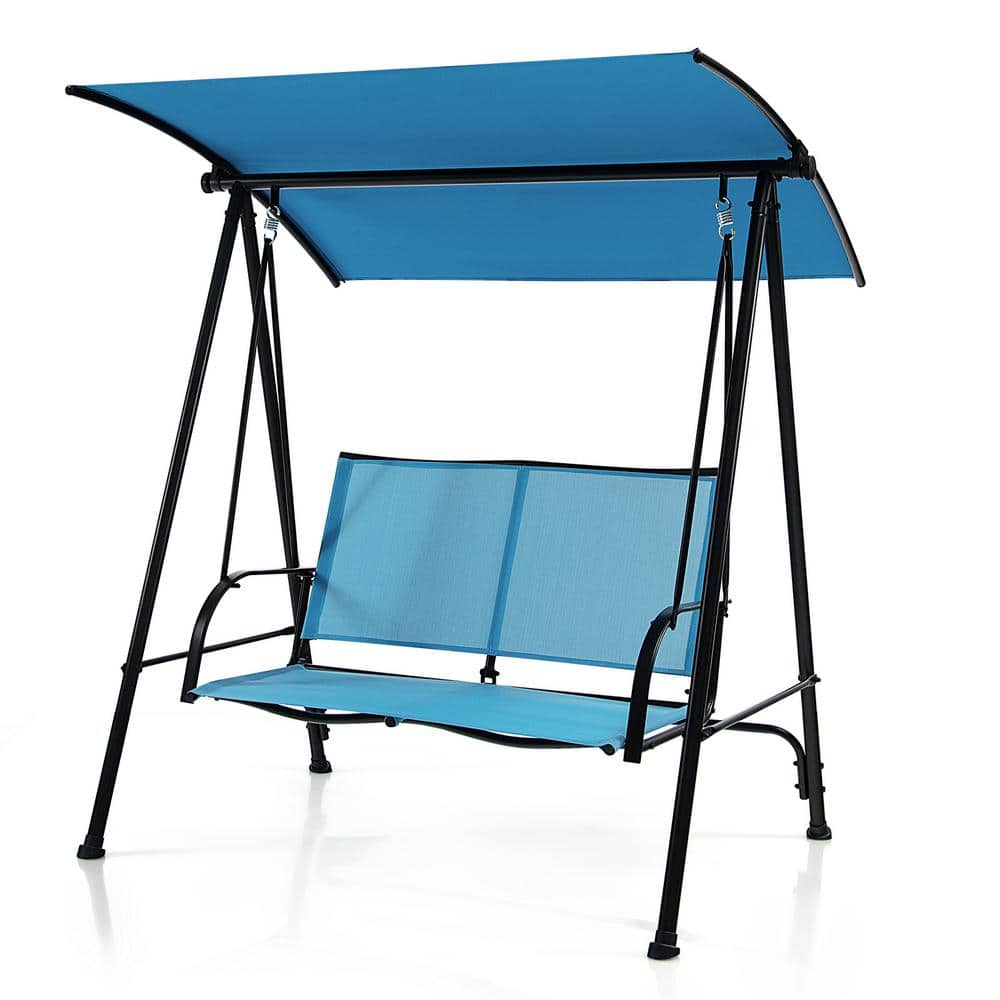 Outdoor 2-Person Metal Patio Swing with Adjustable Polyester Canopy, Navy