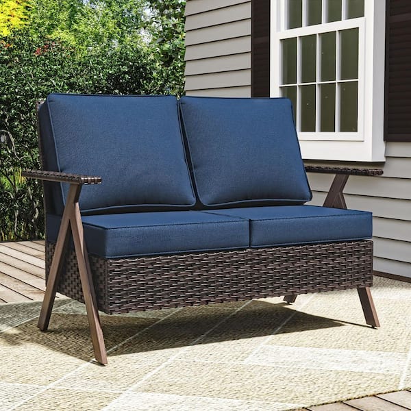 JOYSIDE R-Shaped Armrest Brown Wicker Outdoor Loveseat Patio Couch with Blue Cushions