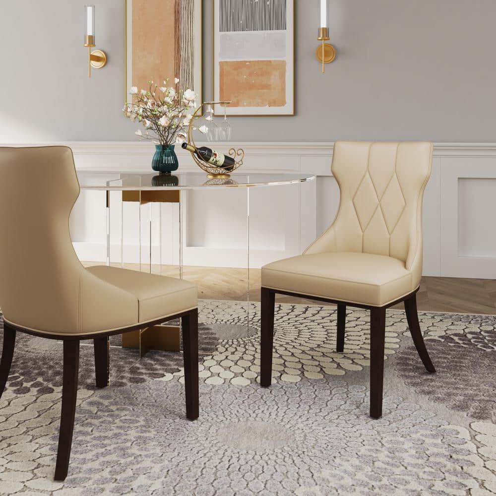 Reine Cream Faux Leather Upholstered Dining Side Chair Set with Walnut Wood Legs