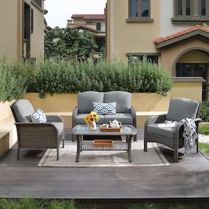 Venice Gray 4-Piece Wicker Modern Outdoor Patio Conversation Sofa Seating Set with Dark Gray Cushions