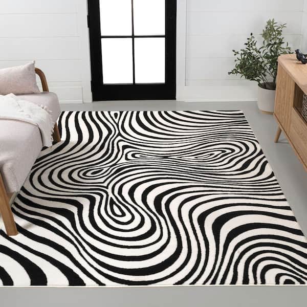 Maribo High-Low Abstract Groovy Striped Black/White 8 ft. x 10 ft. Area Rug
