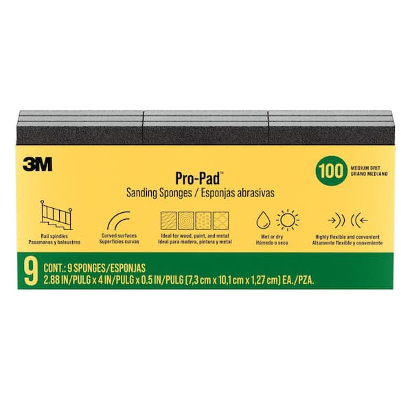 3M 2.88 in. x 4 in. .5 in. Coarse 100 Grit Pro-Pad Sanding Sponge (9 Pack)