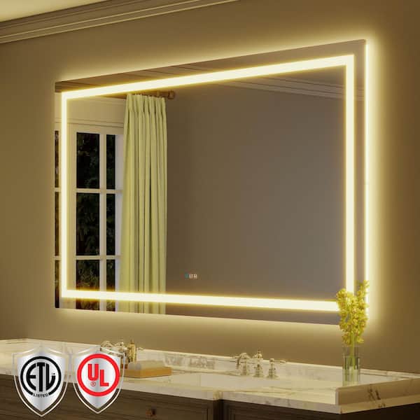 84 in. W x 48 in. H Rectangular Frameless Anti-Fog LED Light Wall Bathroom Vanity Mirror with Backlit and Front Light