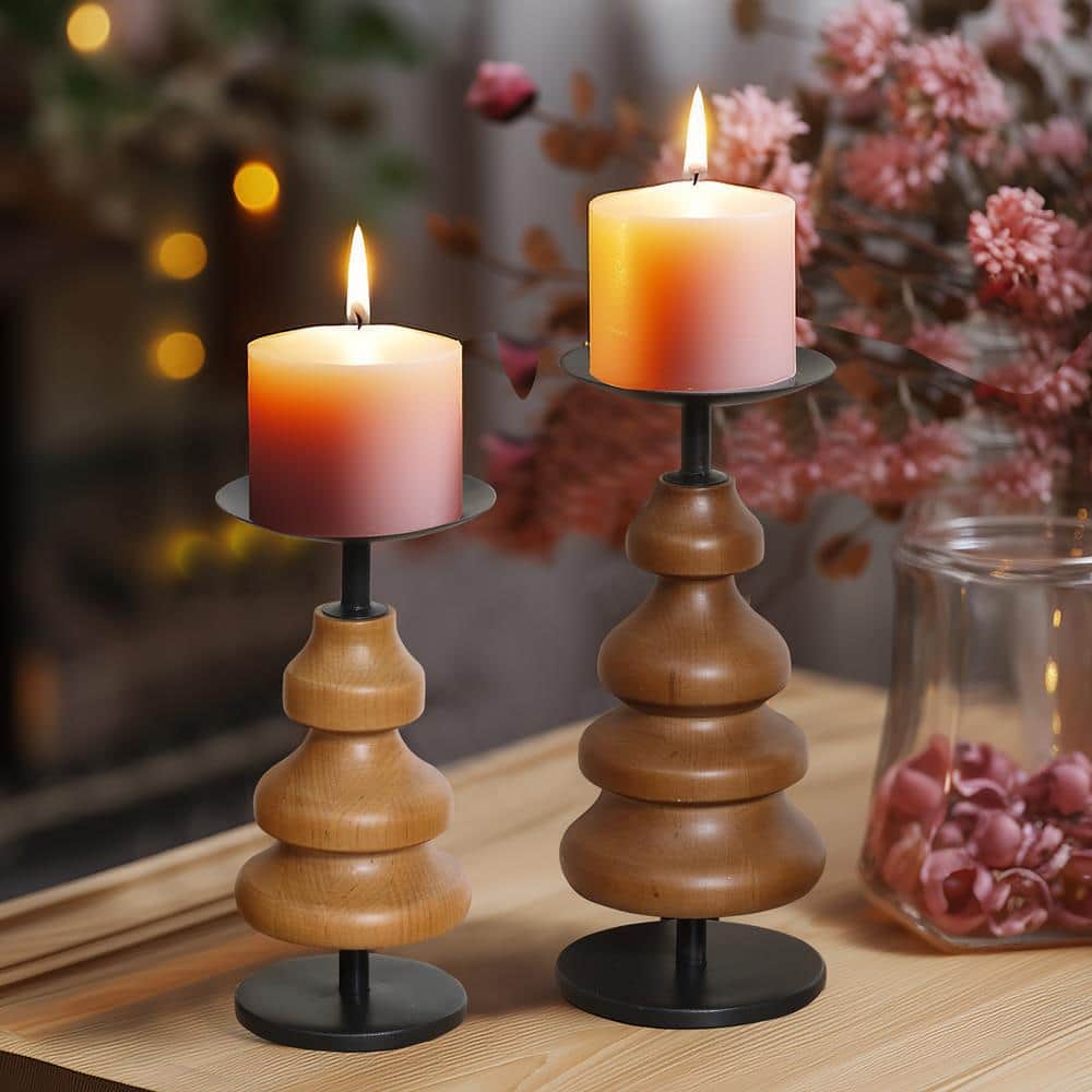 Birch Wood and Black Iron Pillar Candle Holder Set