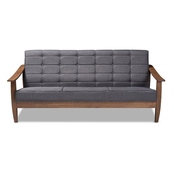 Baxton Studio Larsen 76 in. Gray/Walnut Fabric 3-Seater Cabriole Sofa with Square Arms