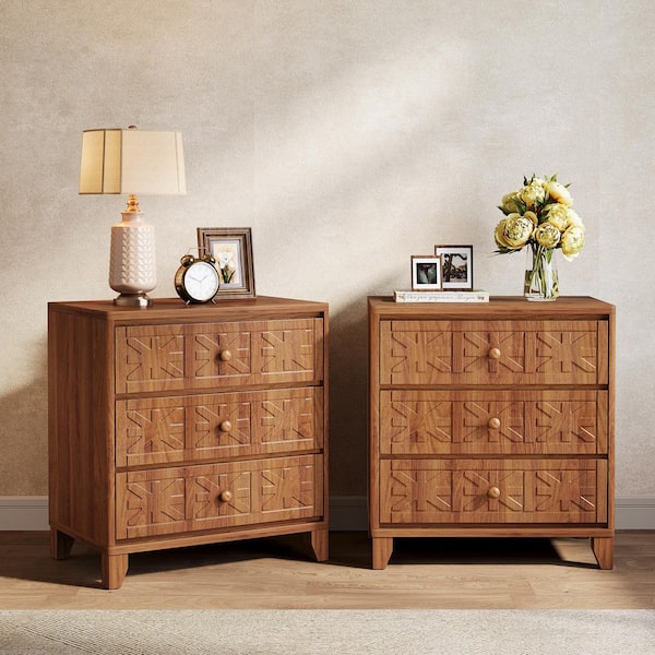 23.6 in. W Brown 3 Drawer Nightstand, Farmhouse Bedside Table Night Stand End Table for Bedroom, Living Room (Set of 2)