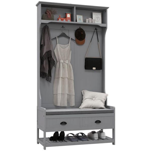 Unbranded 34.25 in. W x 16.5 in. D x 67.75 in. H Gray Wood Hall Tree with Coat Rack, Shoe Rack and 4 Hooks for Entryways, Hallway