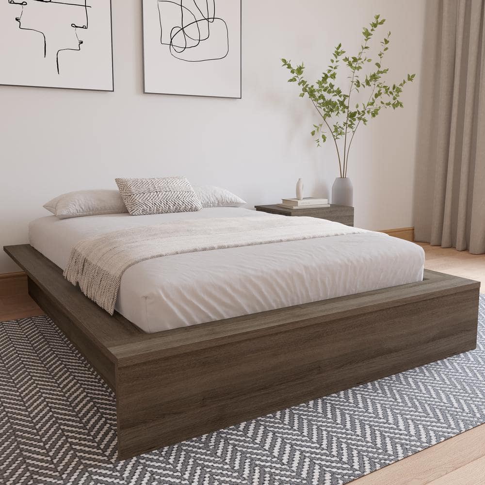 Gray Full Size Engineered Wood Upholstered Platform Bed with Drawer