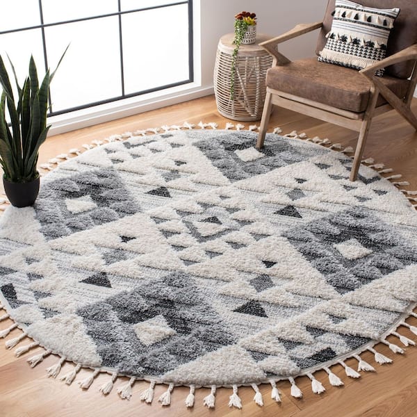 Moroccan Tassel Shag 12 ft. x 12 ft. Ivory/Gray Tribal Round Rug