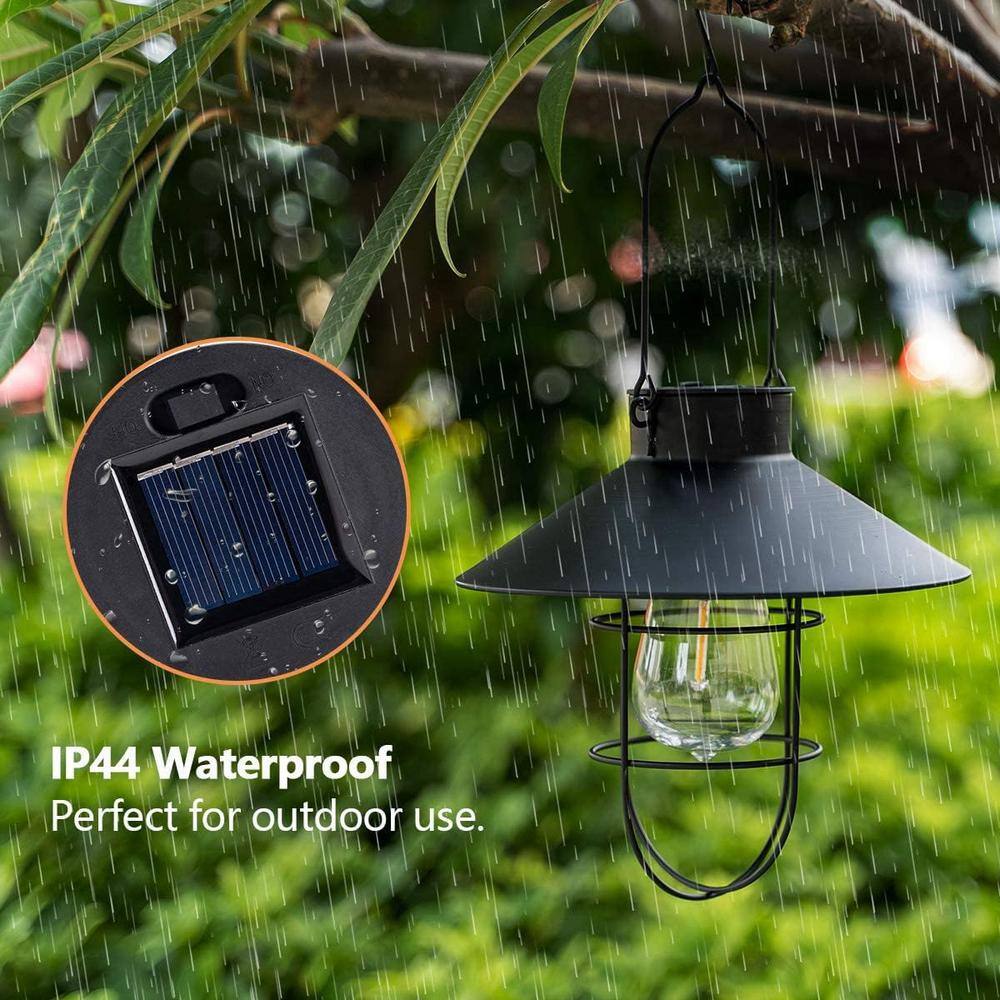 Black Solar Metal Hanging Lanterns with Shepherd Hooks, Set of 2