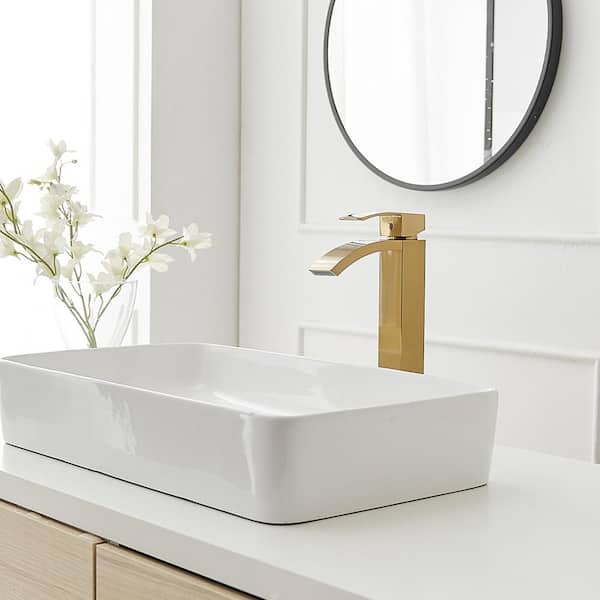 Single Handle Waterfall Vessel Sink Faucet with Drain Kit Included in Brushed Gold