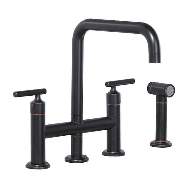 Brass Double Handle Bridge Kitchen Faucet, Deck Mount Kitchen Sink Faucet with Side Sprayer in Oil Rubbed Bronze