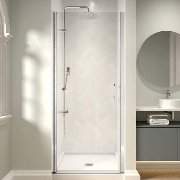 Modern 28 to 29-3/8 in. W x 72 in. H Pivot Frameless Shower Door in Chrome Finish with 1/4 in. (6mm) Clear Glass