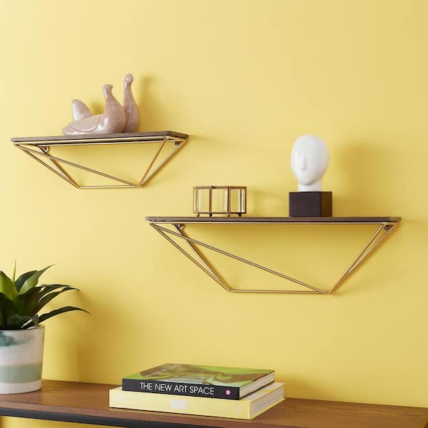 StyleWell Wood and Gold Metal Wall-Mount Geometric Floating Shelf (Set of 2)