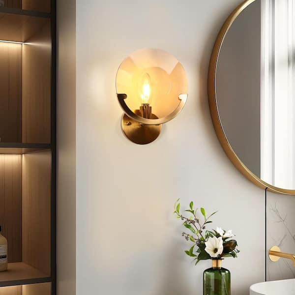 7.9 in. 1-Light Plated Brass Round Wall Sconce with Faceted Crystal Shield Modern Metal Wall Mounted Fixture for Hallway