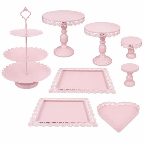 60 fl. oz. Pink Metal Cake Stand for Dessert Display, Serving Tray for Party Wedding Baby Shower (Set of 9)
