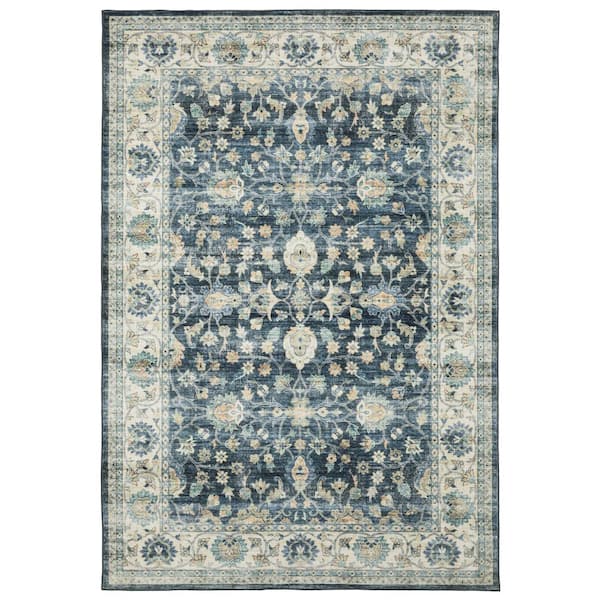 Summit Blue/Ivory 4 ft. x 6 ft. Traditional Oriental Border Polyester Machine Washable Indoor Area Rug