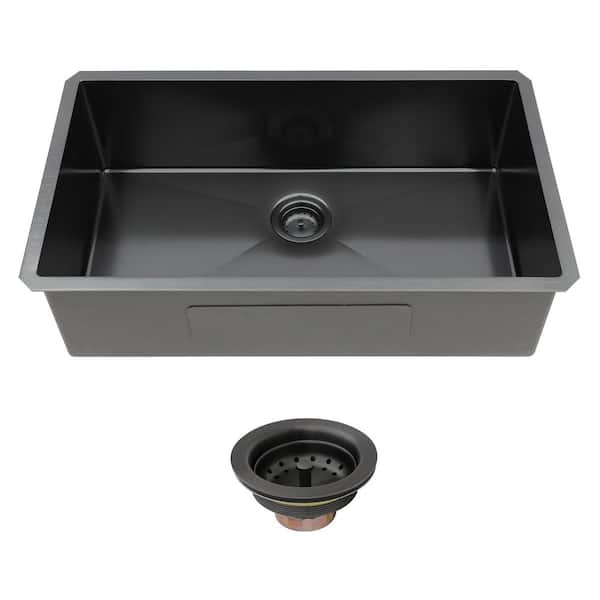 33 in. Undermount Single Bowl 18 Gauge Gunmetal Black Stainless Steel Kitchen Sink with Black Drain