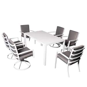 Patio Dining Set, 7-Piece Aluminum Outdoor Dining Set with White Cushion and 57-inch Table + 2 Armchair, 4 Swivel Chair