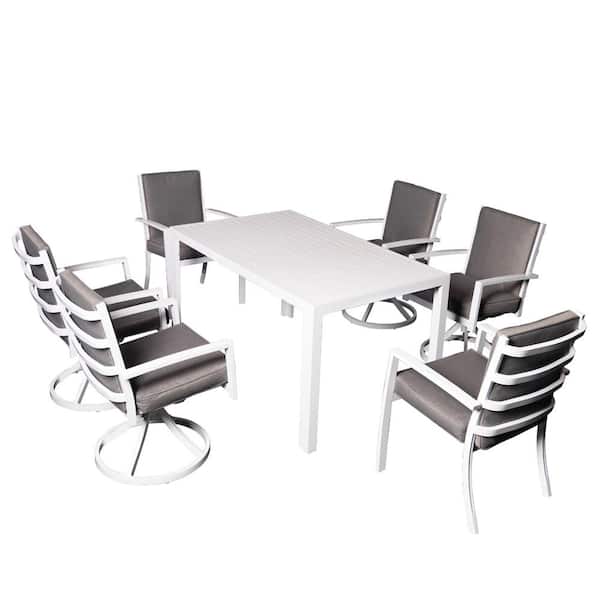 PATIOPTION Patio Dining Set, 7-Piece Aluminum Outdoor Dining Set with White Cushion and 57-inch Table + 2 Armchair, 4 Swivel Chair