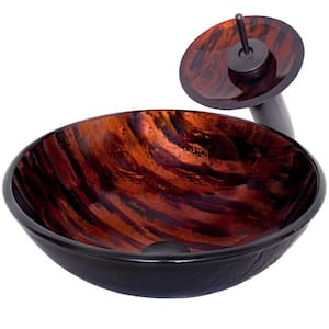 Mimetica Hand-Painted Brown Camouflage Glass Round Bath Vessel Sink with Matching Faucet and Drain in Oil Rubbed Bronze