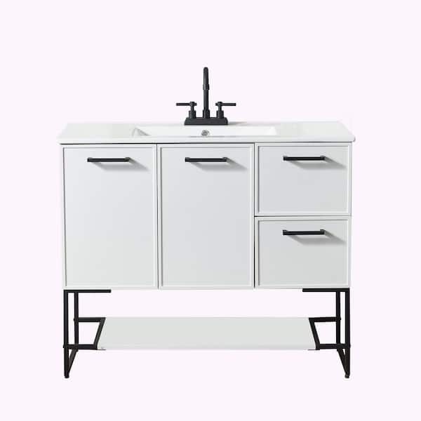 VC CUCINE 40 in. W x 18 in. D x 34 in. H Bathroom Vanity in Matt White with White Ceramic Top With Single Sink in White