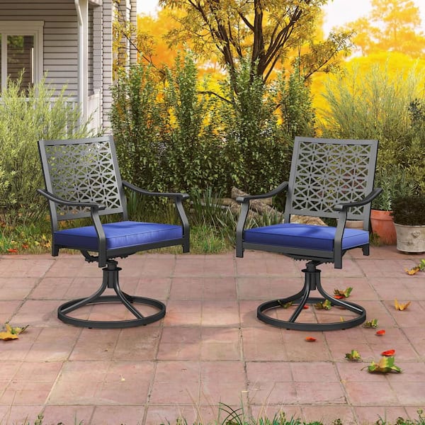 Metal Outdoor Swivel Chairs Patio Dining Chairs with Navy Padded Cushion High Back (2-Pack)