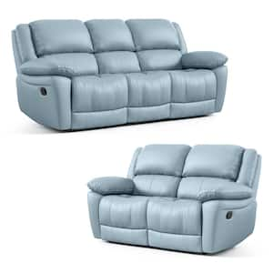 Loure 2-Piece Powder Blue Leather Match Reclining Living Room Set with Pillow Top Arms and Adjustable Headrest