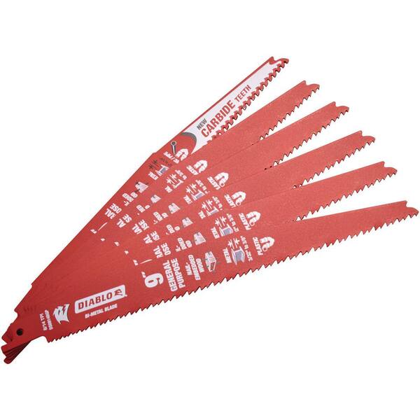 Diablo 9" Reciprocating Saw Blades 5-Pack - 8/14 TPI For Wood, Metal & Demolition