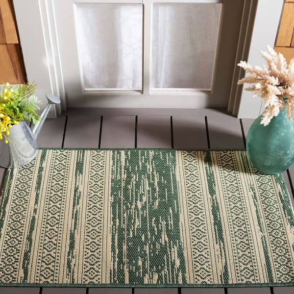 Courtyard Dark Green/Beige 2 ft. x 4 ft. Aztec Striped Indoor/Outdoor Area Rug