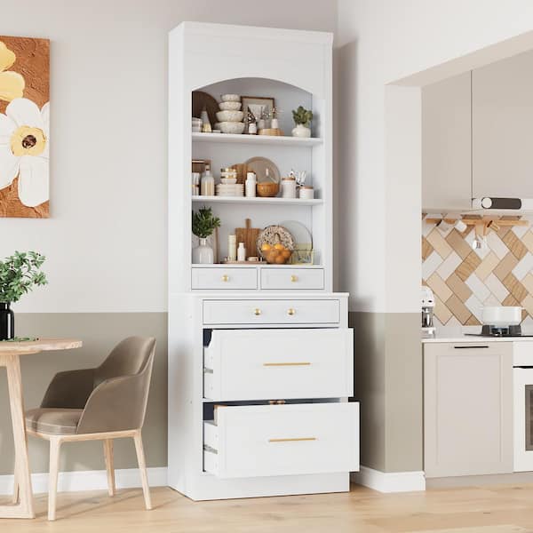 83.7 in. Tall Kitchen Pantry Hutch, Freestanding Cabinet with Faux Marble Top, 5 Drawers and Adjustable Shelf, White