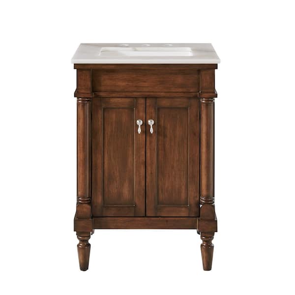 Unbranded Simply Living 24 in. W x 21 in. D x 35 in. H Bath Vanity in Walnut with White and Brown Vein Marble Top