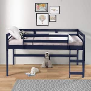 Twin Loft Bed with Wood Frame, Ladder and Child Rail for Kids, Navy Blue Finish